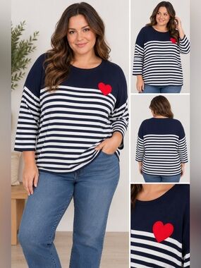 🎉4 for $40🎉Philosophy Woman 2X Navy Striped Red Heart Sweater Plus Size